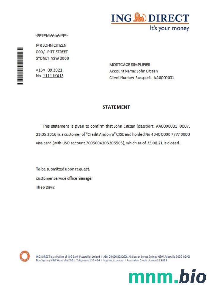 Australia ING przykład odniesienia bezpośredniego zamknięcia w formatach Word i PDF
